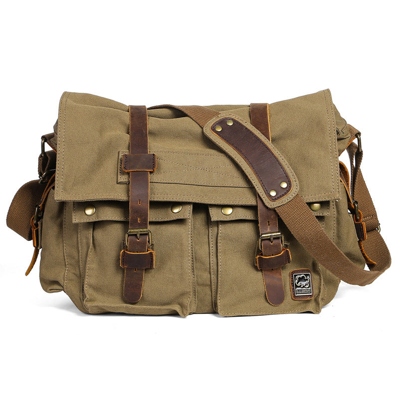 Leathario Messenger Bag for Men Waterproof Vintage Genuine Leather Waxed Canvas Briefcase Large Leather Computer Laptop Bag Rugged Satchel Shoulder Bag