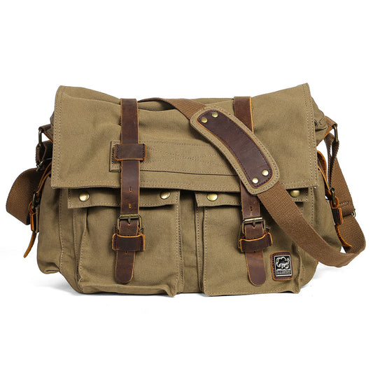 Leathario Messenger Bag for Men Waterproof Vintage Genuine Leather Waxed Canvas Briefcase Large Leather Computer Laptop Bag Rugged Satchel Shoulder Bag