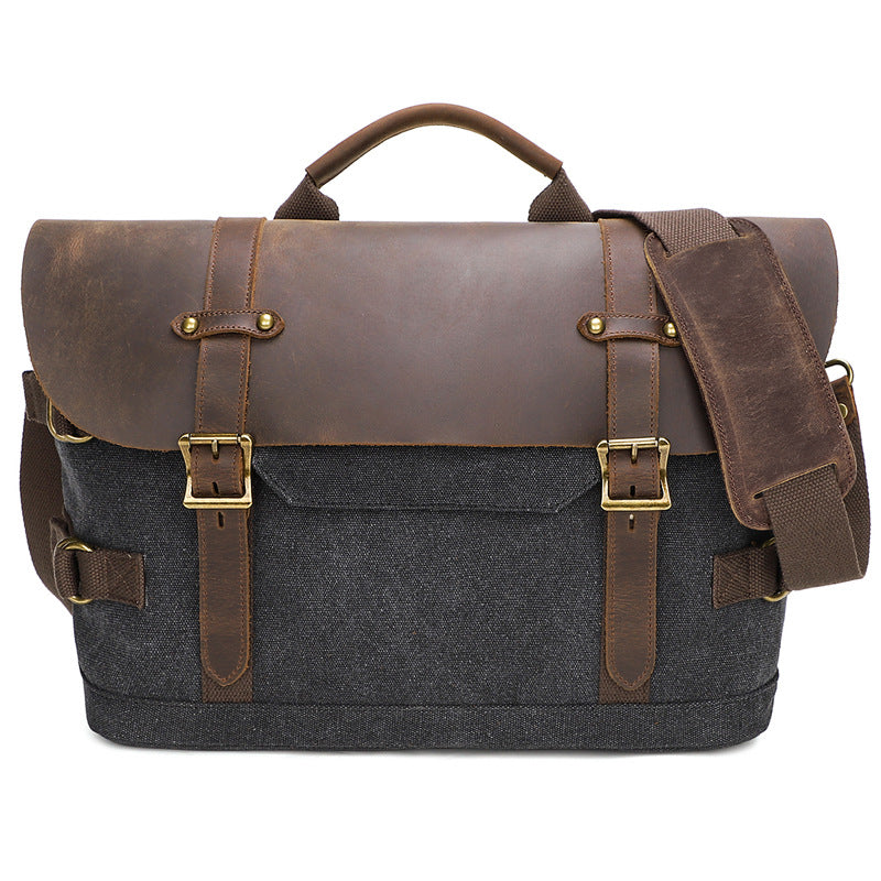 Leathario Vintage Genuine Leather Mens Messenger Bag Waterproof Waxed Canvas Briefcase Large Leather Computer Laptop Bag Rugged Satchel Shoulder Bag