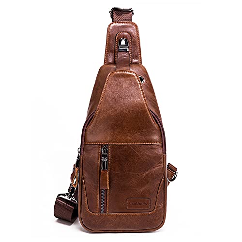 Leathario Leather Sling Bag for Men, Genuine Leather Shoulder Bag, Leather Crossbody Chest Bag for Travel Hiking Business