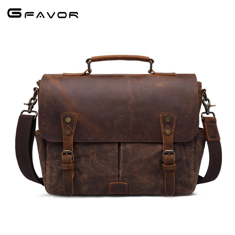 Leathario Mens Messenger Bag Waterproof Vintage Genuine Leather Waxed Canvas Briefcase Large Leather Computer Laptop Bag Rugged Satchel Shoulder Bag