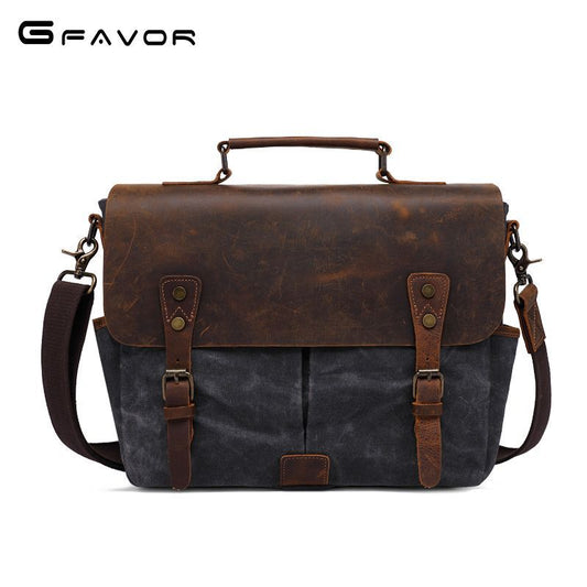 Leathario Mens Messenger Bag Waterproof Vintage Genuine Leather Waxed Canvas Briefcase Large Leather Computer Laptop Bag Rugged Satchel Shoulder Bag